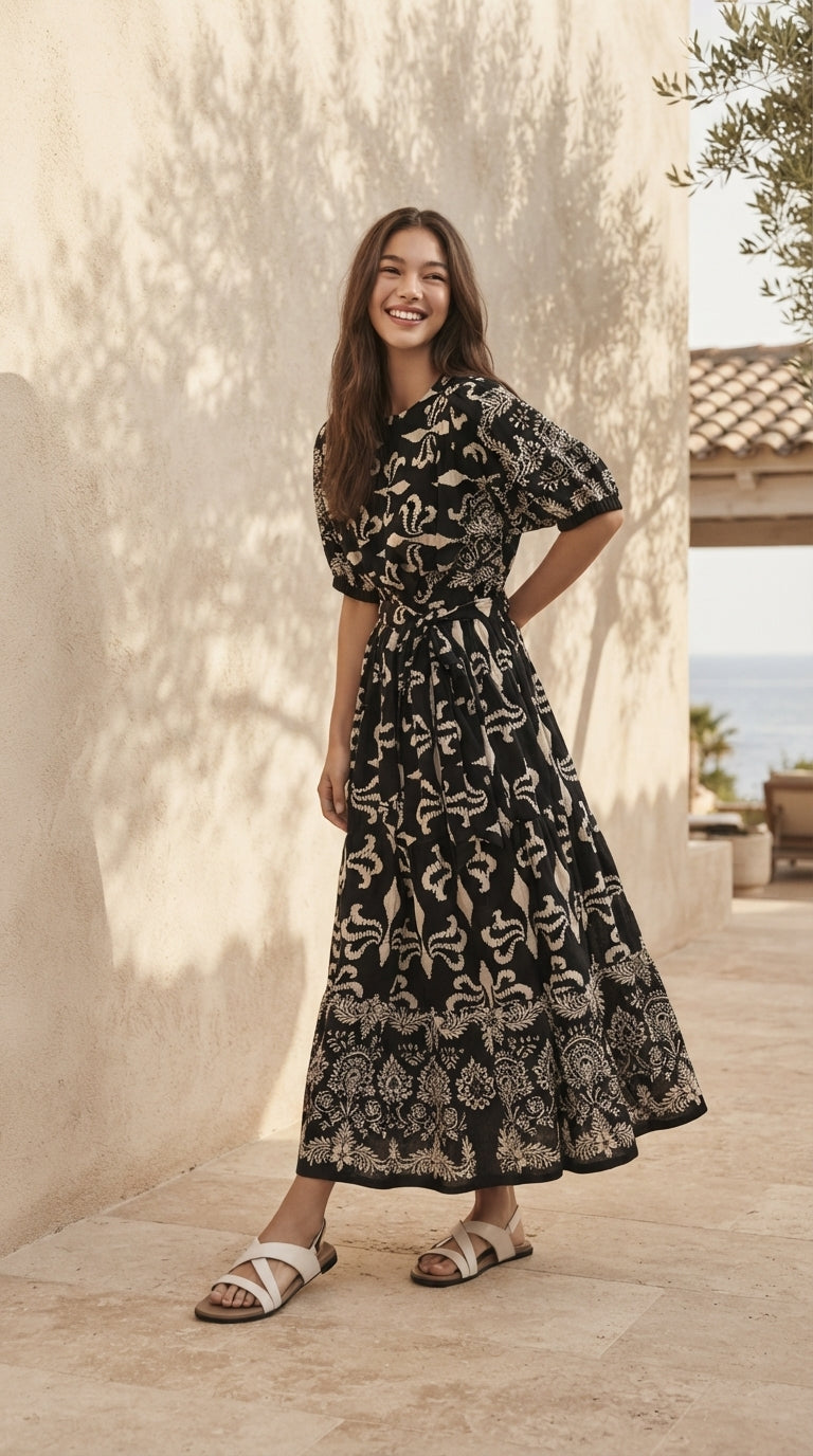 SKIRT 6794K - Vintage Floral Printed Tie-Waist Maxi Skirt