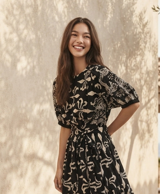 TOP 6793B - Vintage Floral Printed 3/4 Sleeves Round Neck Blouse