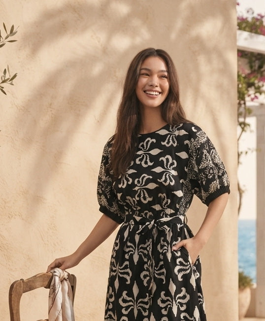 TOP 6793B - Vintage Floral Printed 3/4 Sleeves Round Neck Blouse