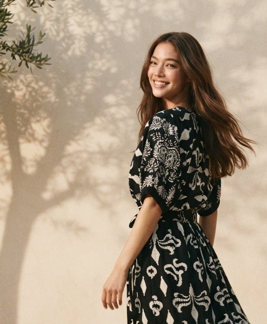 TOP 6793B - Vintage Floral Printed 3/4 Sleeves Round Neck Blouse