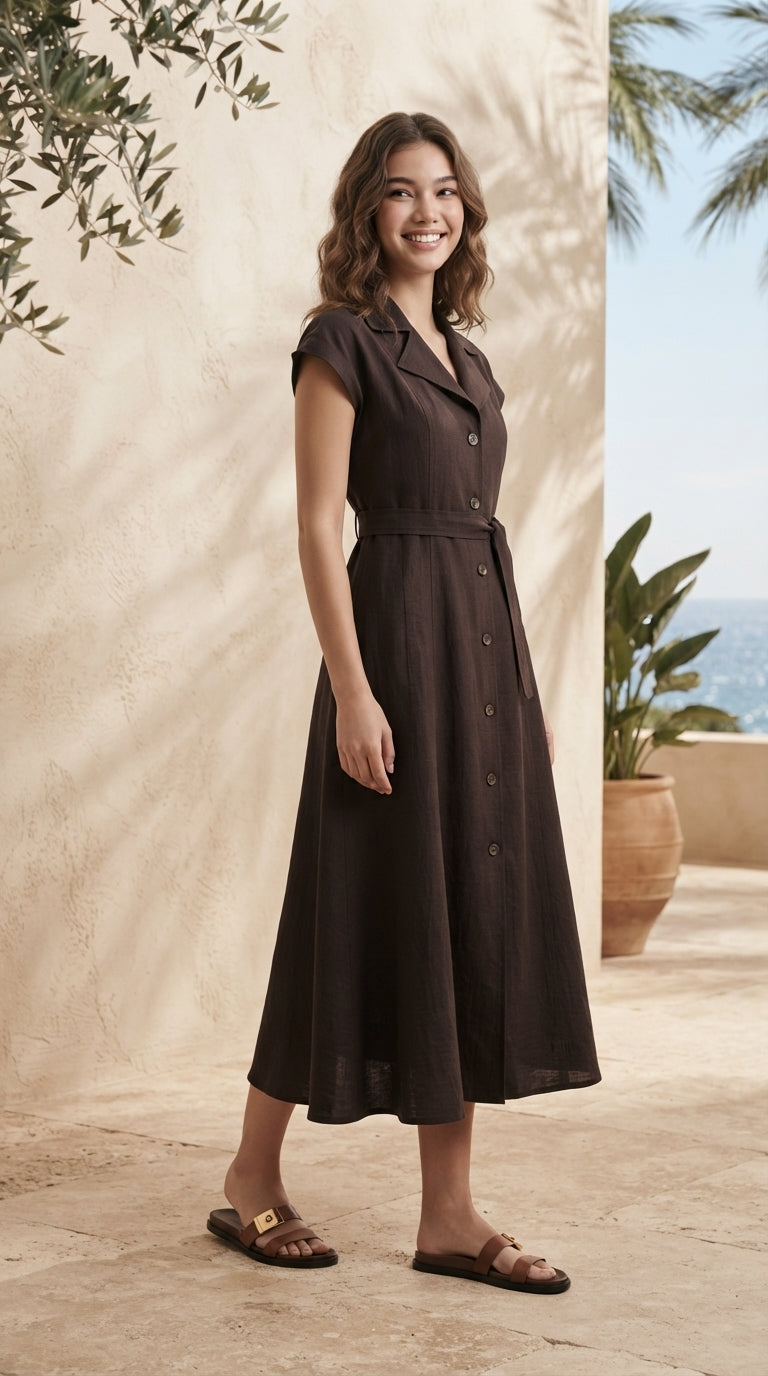 DRESS 6795D - Short-Sleeves A-Line Midi Hawaii Shirt Dress