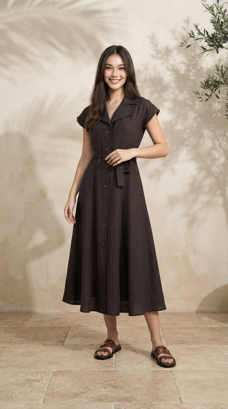 DRESS 6795D - Short-Sleeves A-Line Midi Hawaii Shirt Dress