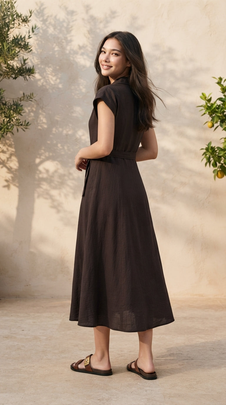 DRESS 6795D - Short-Sleeves A-Line Midi Hawaii Shirt Dress