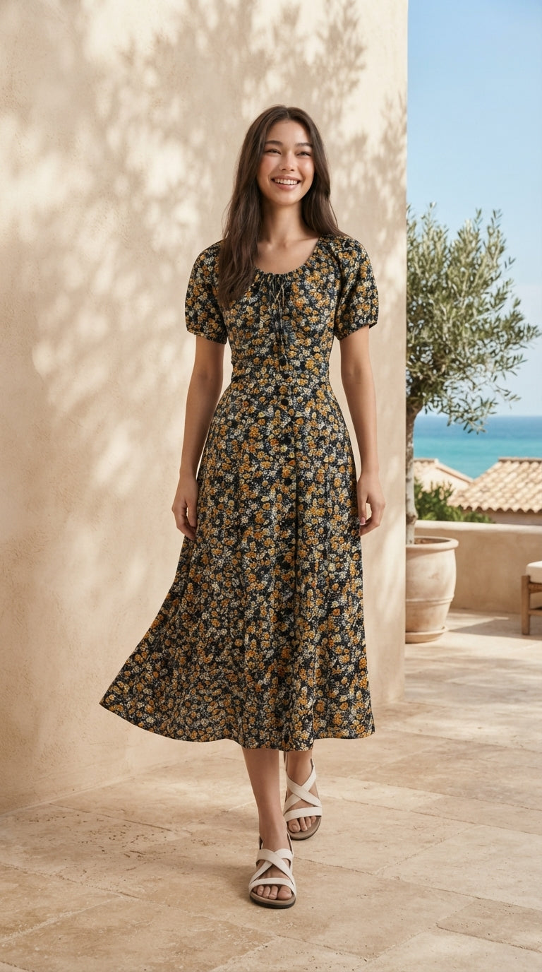DRESS 6800D - Women's floral Print fit-and-flare Midi Dress