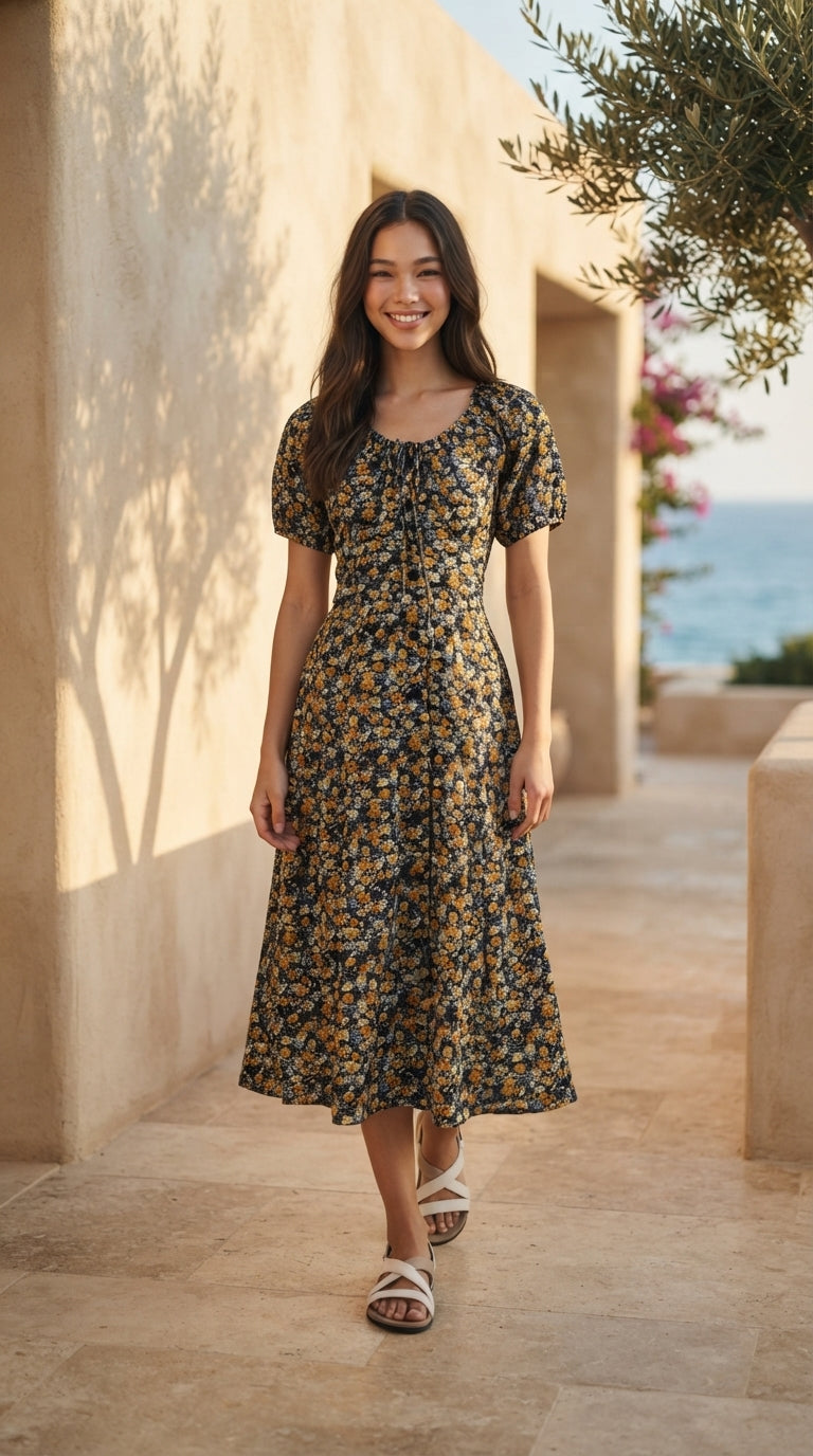 DRESS 6800D - Women's floral Print fit-and-flare Midi Dress
