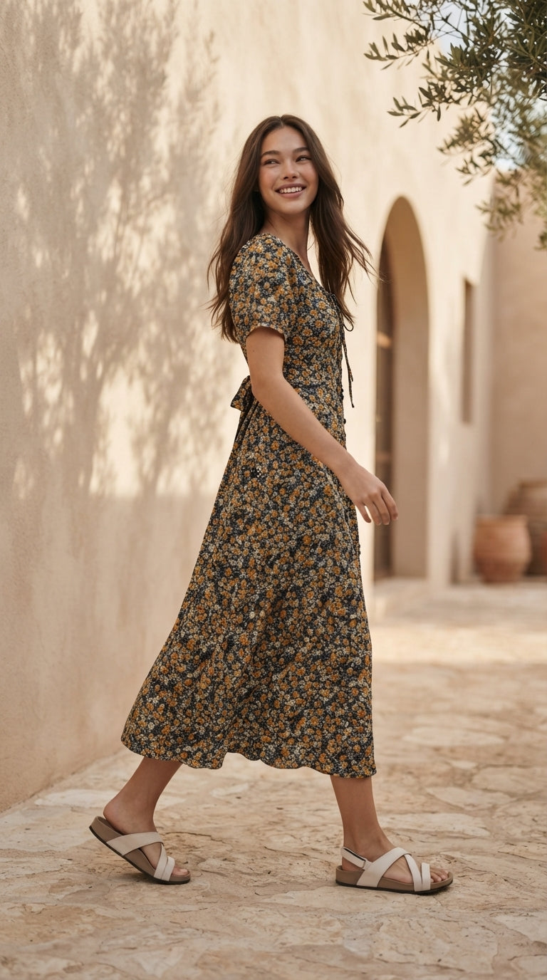DRESS 6800D - Women's floral Print fit-and-flare Midi Dress