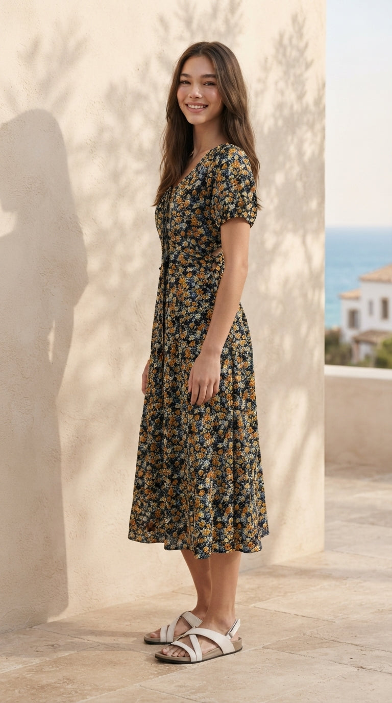 DRESS 6800D - Women's floral Print fit-and-flare Midi Dress