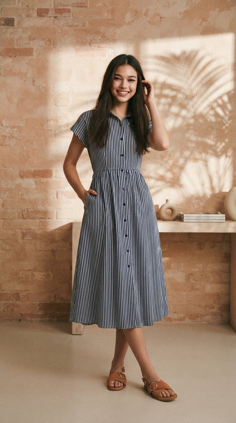 DRESS 6833D - Striped Button-front Midi Shirt Dress
