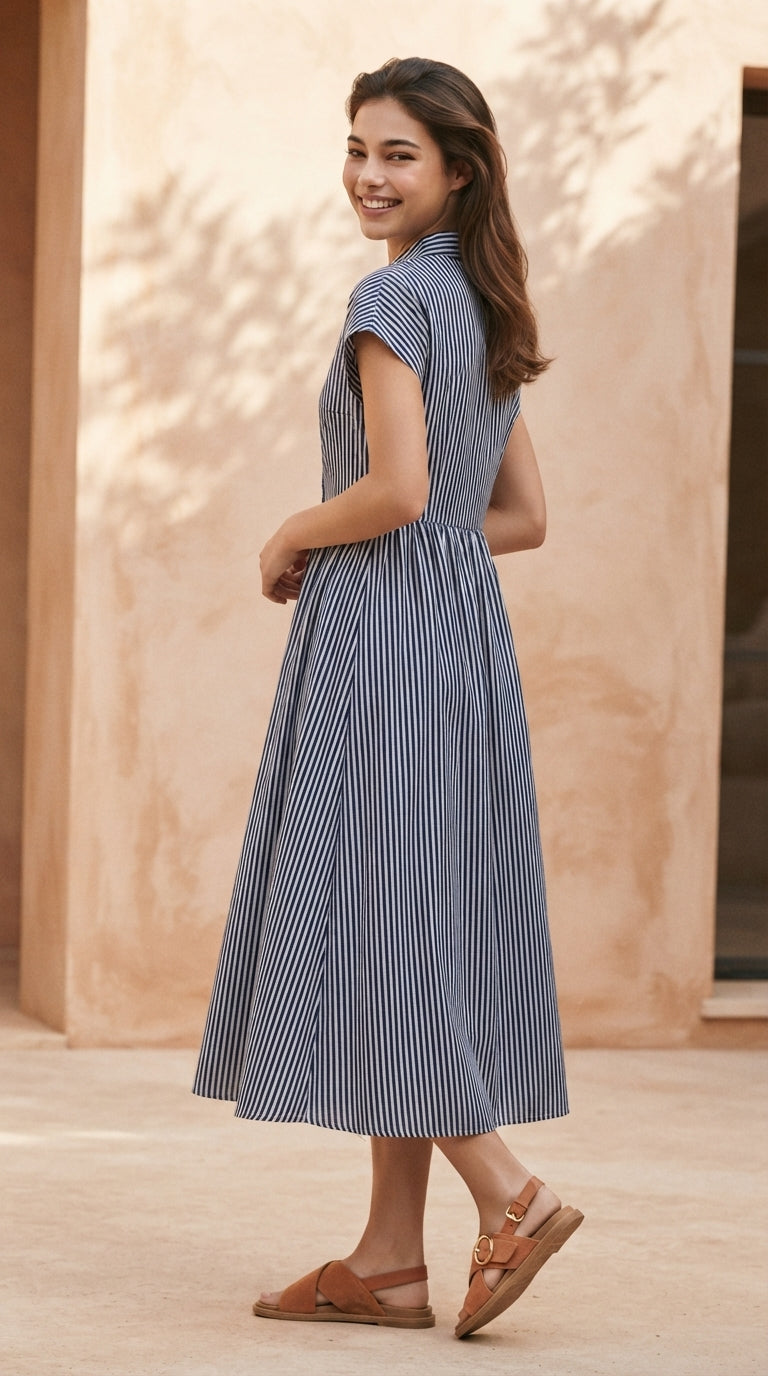 DRESS 6833D - Striped Button-front Midi Shirt Dress