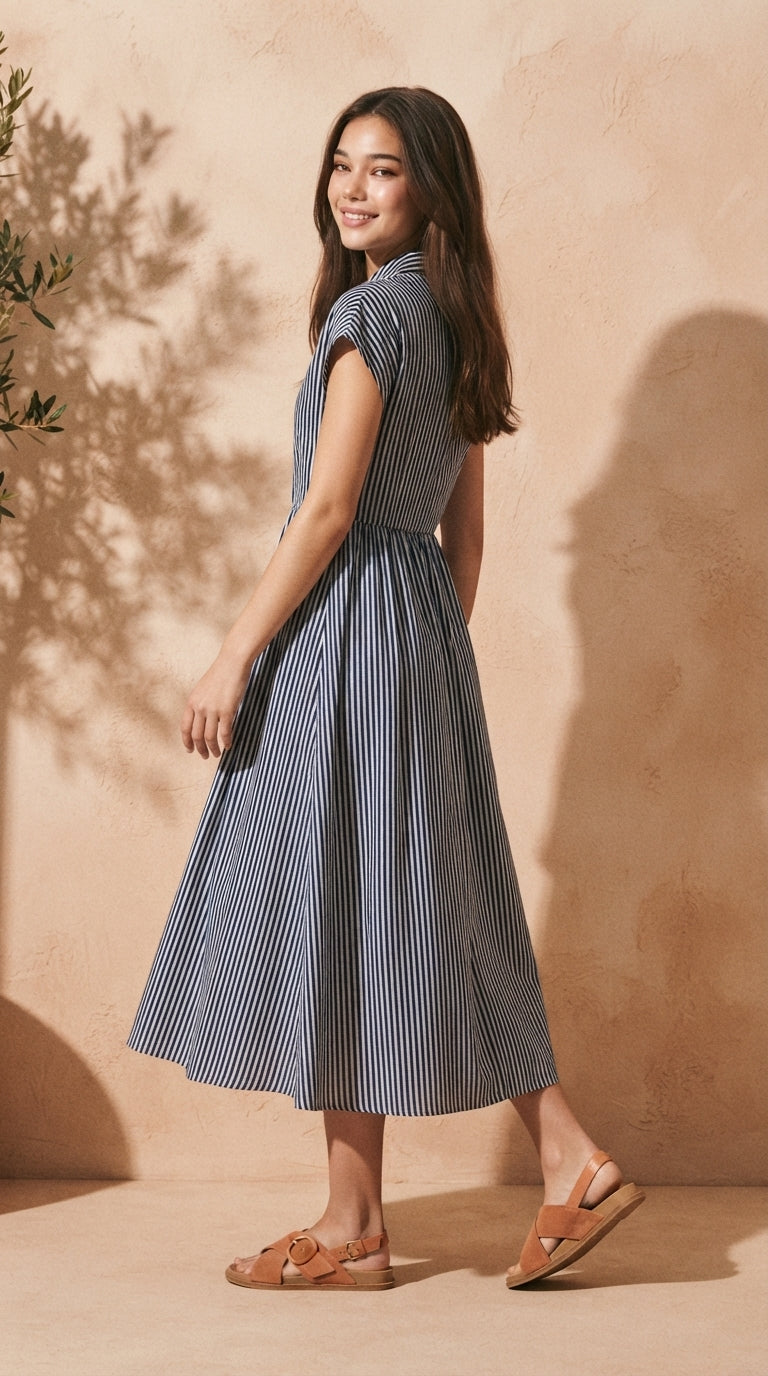 DRESS 6833D - Striped Button-front Midi Shirt Dress