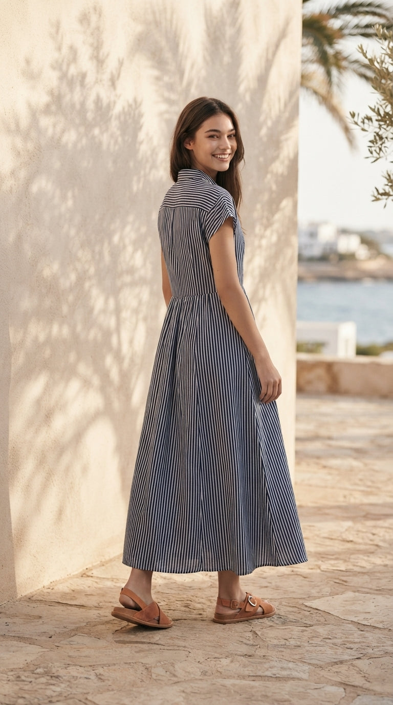 DRESS 6833D - Striped Button-front Midi Shirt Dress