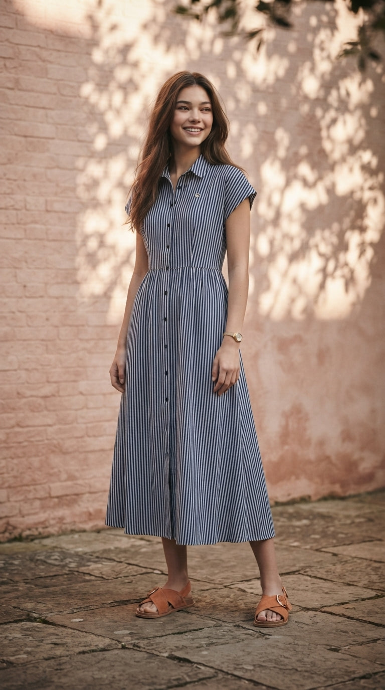 DRESS 6833D - Striped Button-front Midi Shirt Dress