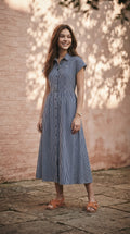 DRESS 6833D - Striped Button-front Midi Shirt Dress