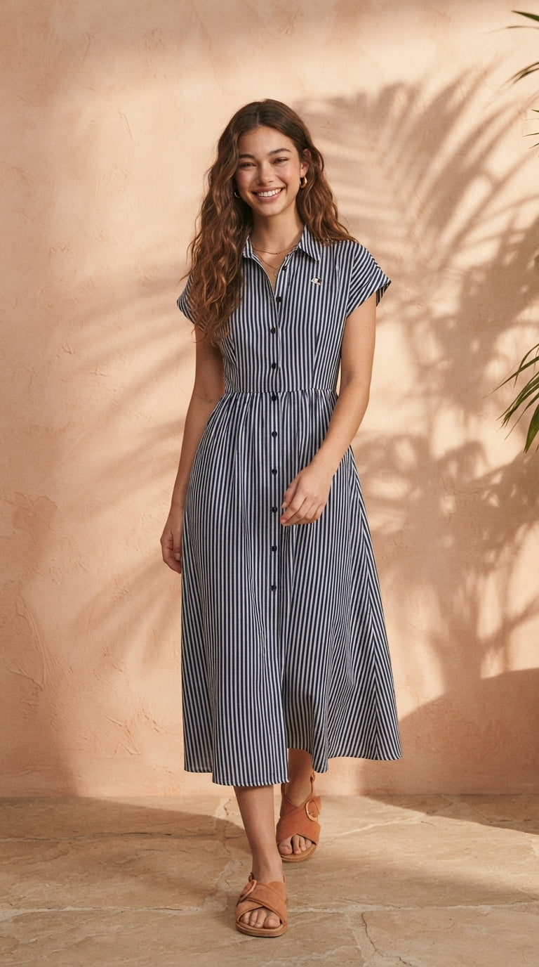 DRESS 6833D - Striped Button-front Midi Shirt Dress