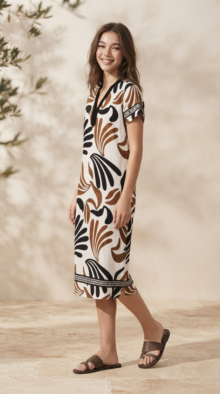 6836D Short sleeves abstract BOTANICAL print dress