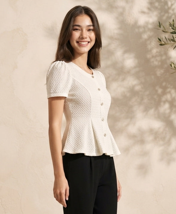TOP 6906B - Elegant Round Neck Short Sleeves Peplum Blouse
