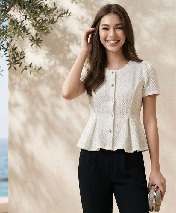 TOP 6906B - Elegant Round Neck Short Sleeves Peplum Blouse