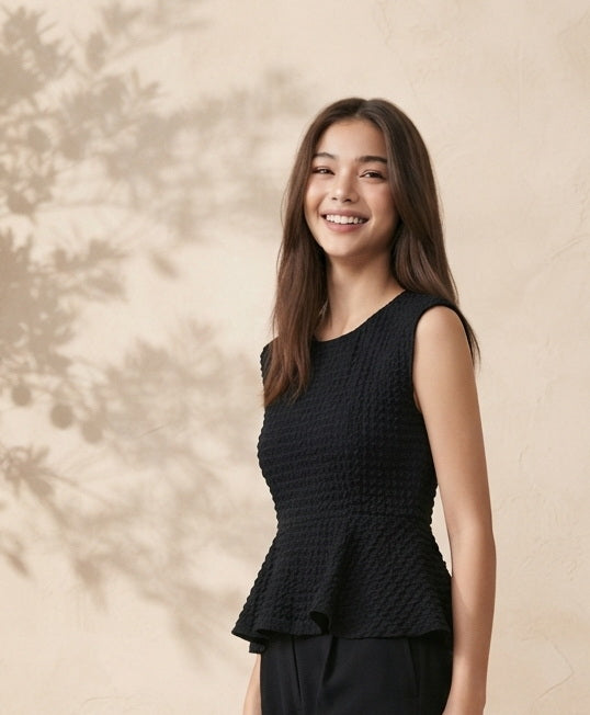 TOP 6907B - Sleeveless Round Neck Peplum Textured Fitted Blouse