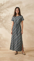 6917D - Elegance Diagonal-Striped Short Sleeves Maxi Dress with Waist Tie