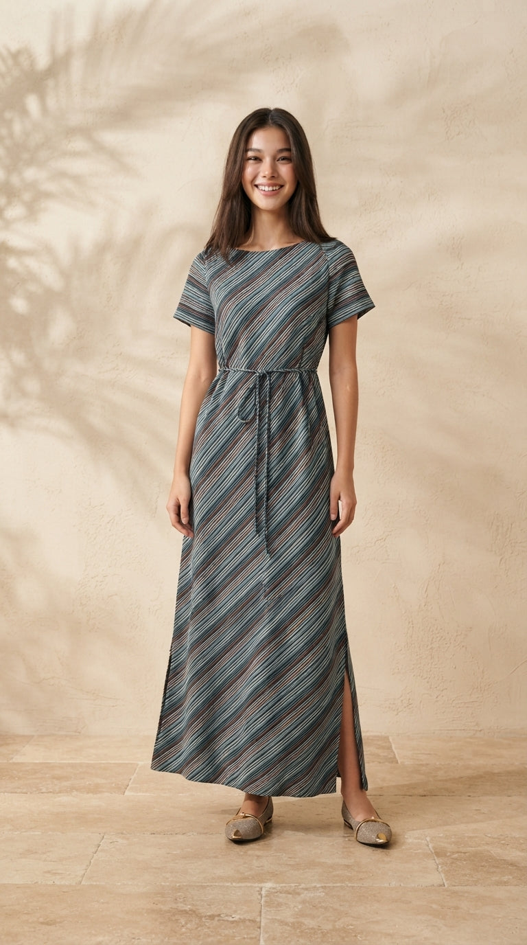 6917D - Elegance Diagonal-Striped Short Sleeves Maxi Dress with Waist Tie