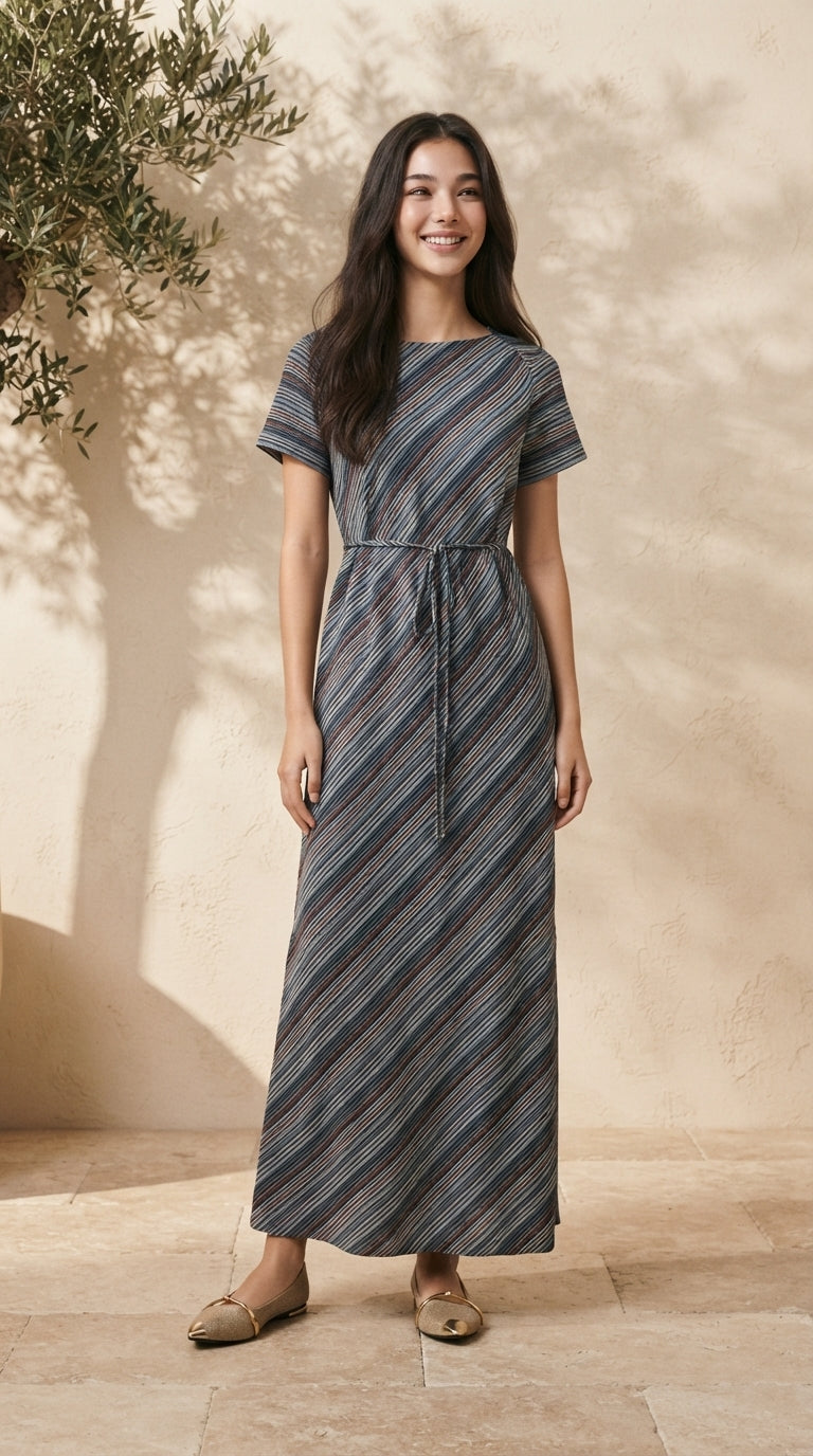 6917D - Elegance Diagonal-Striped Short Sleeves Maxi Dress with Waist Tie