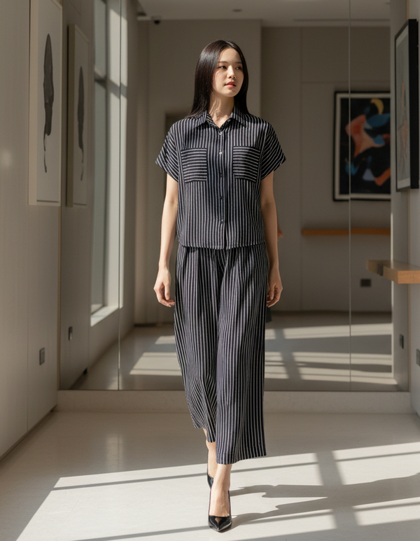 6529B - Stripes Collar Shirt Short Sleeves