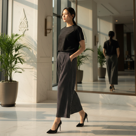 6464B - Round Neck Stitched Emboss Blouse