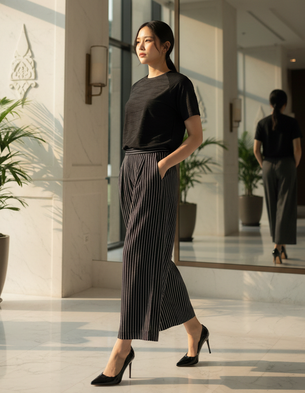 6464B - Round Neck Stitched Emboss Blouse