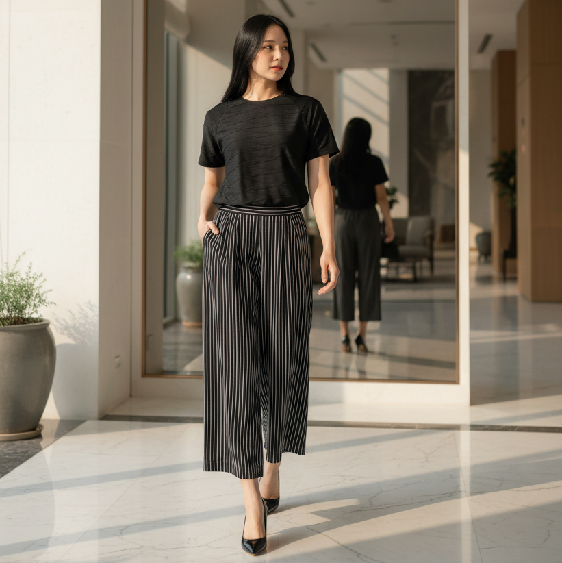 6464B - Round Neck Stitched Emboss Blouse