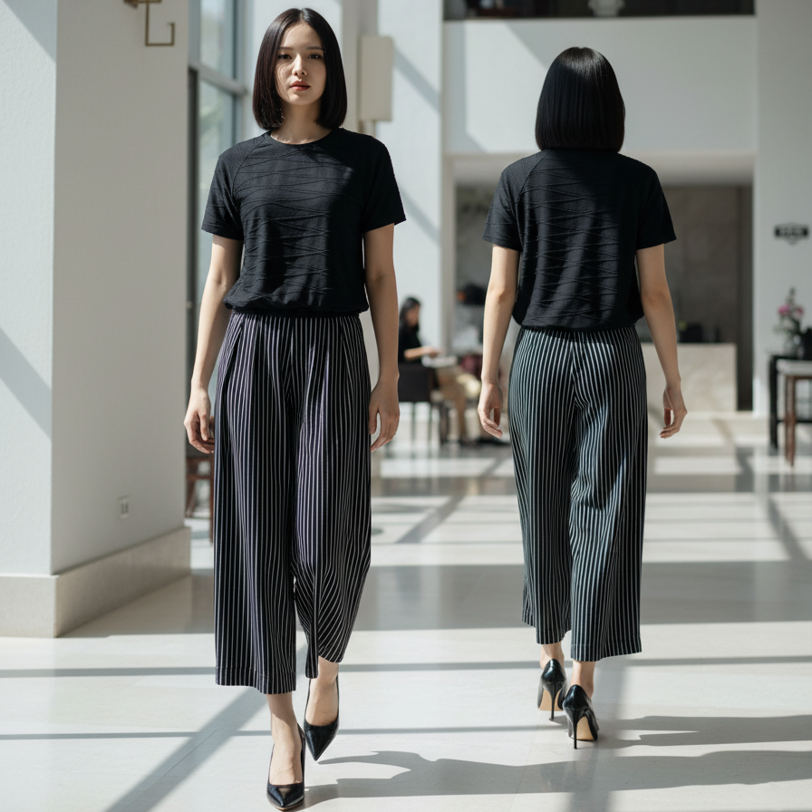 6464B - Round Neck Stitched Emboss Blouse