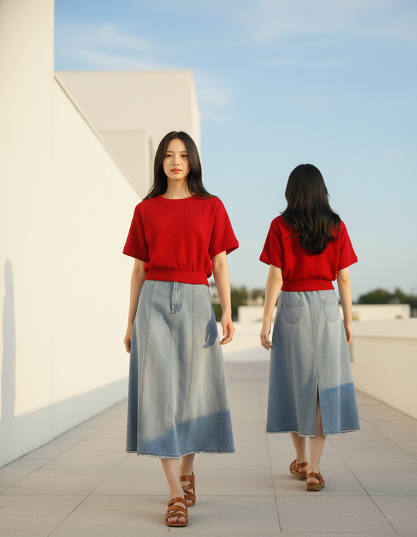 CROP 6617B Round Neck Top Crop 3D Knitted