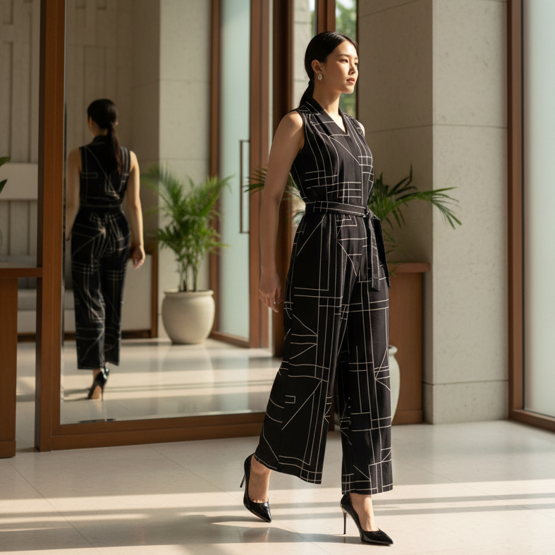 6340P - Sleeveless Jumpsuit in Geometric Graphic