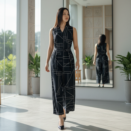 6340P - Sleeveless Jumpsuit in Geometric Graphic