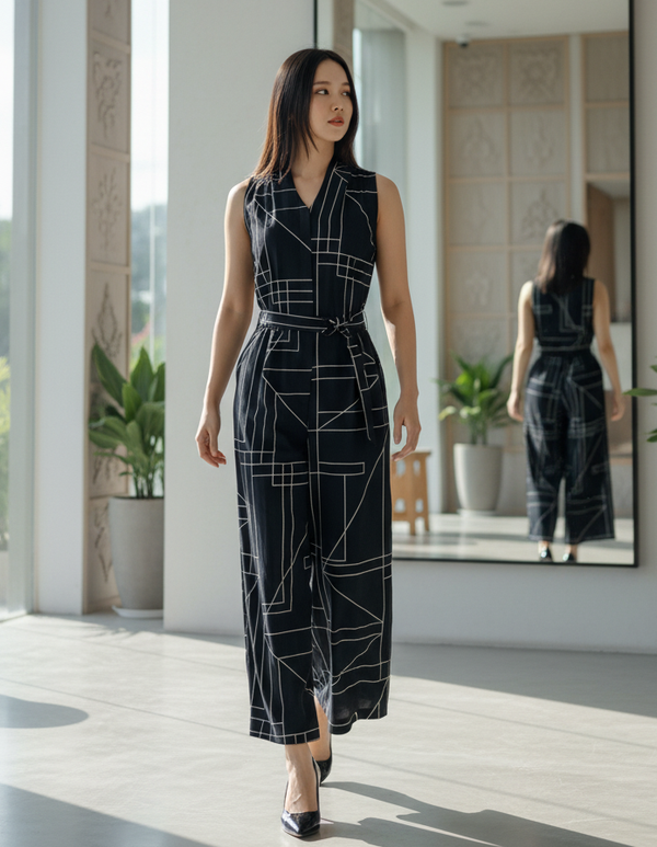 6340P - Sleeveless Jumpsuit in Geometric Graphic