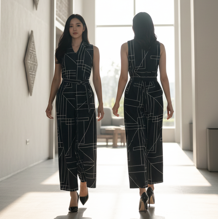 6340P - Sleeveless Jumpsuit in Geometric Graphic