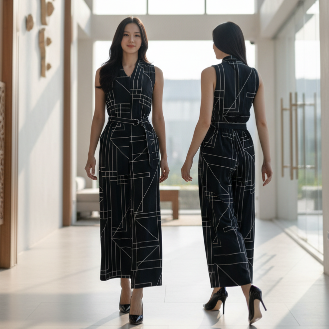 6340P - Sleeveless Jumpsuit in Geometric Graphic