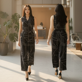 6340P - Sleeveless Jumpsuit in Geometric Graphic