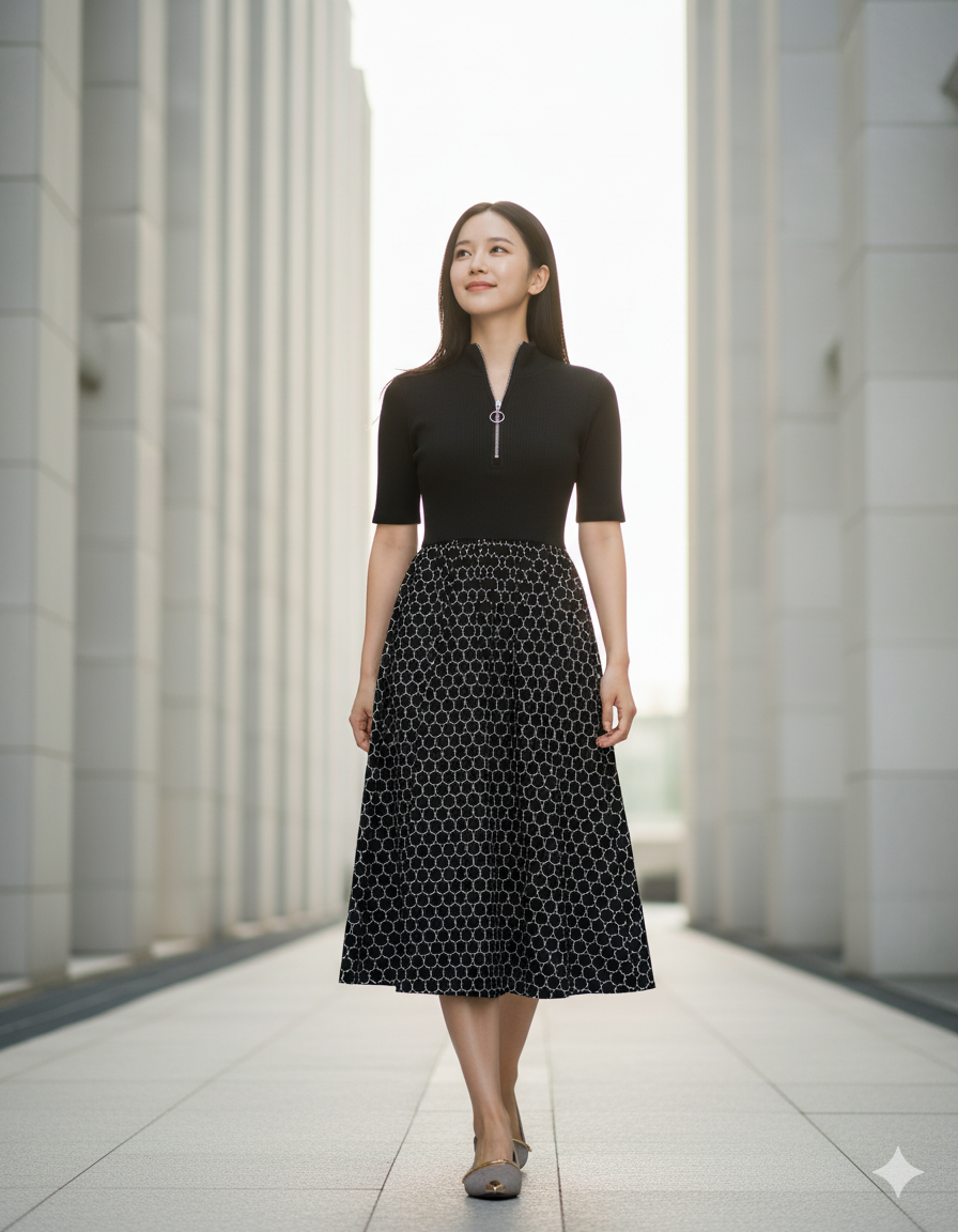 6465D - Stand collar shirt dress with A-Line skirt