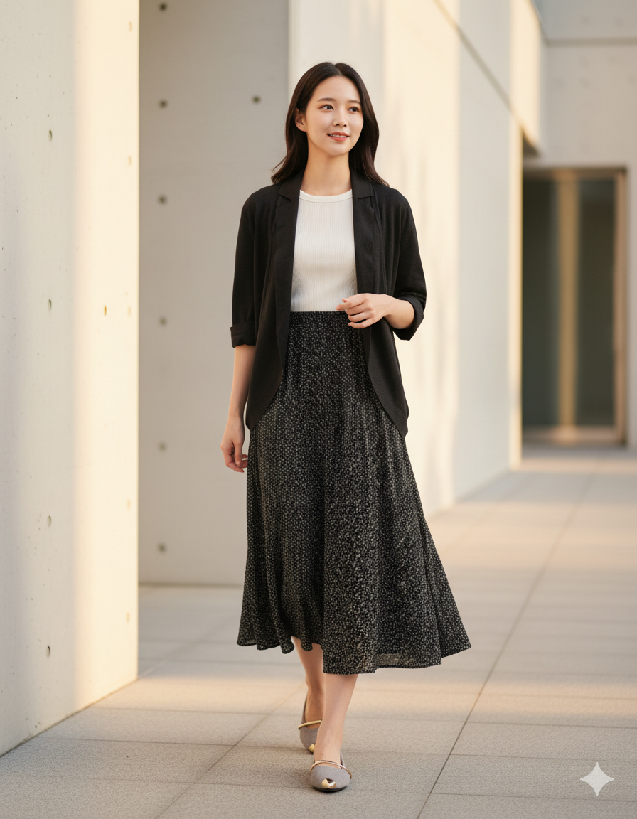 6596K - Long Flared Skirt with Dark Floral