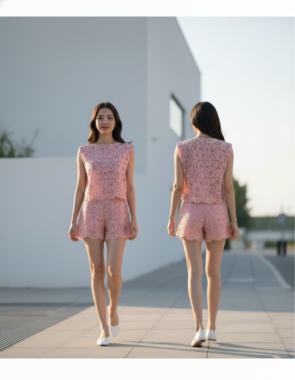 CROP 6787B Boat Neck Flower Lace Crop Blouse