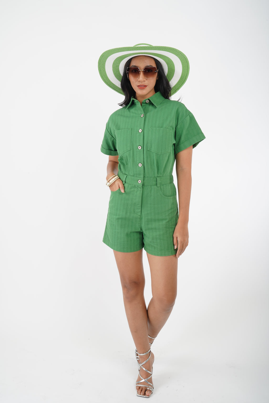 5782P - Double short cuff sleeves button down pockets belted Jumpsuits Romper