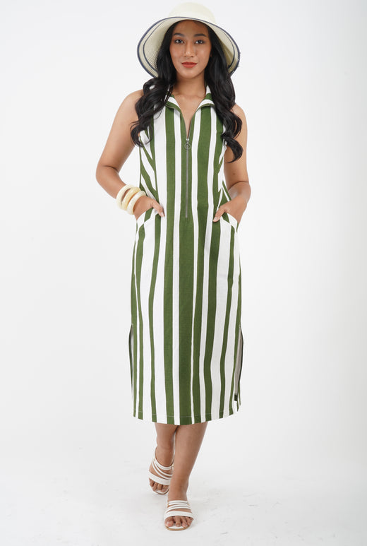 5831D - Vertical Tab Stripes Front Zip shirt sleeveless Dress