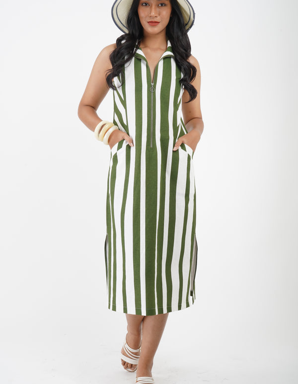 5831D - Vertical Tab Stripes Front Zip shirt sleeveless Dress