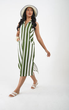 5831D - Vertical Tab Stripes Front Zip shirt sleeveless Dress