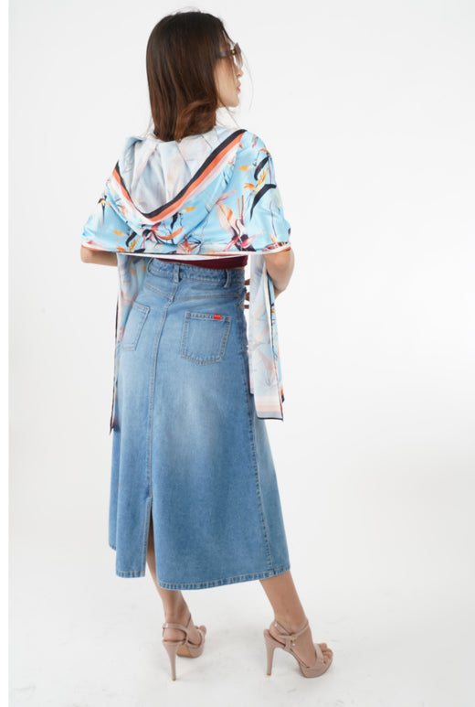 5760K A-Line Bleached Denim Midi Skirt