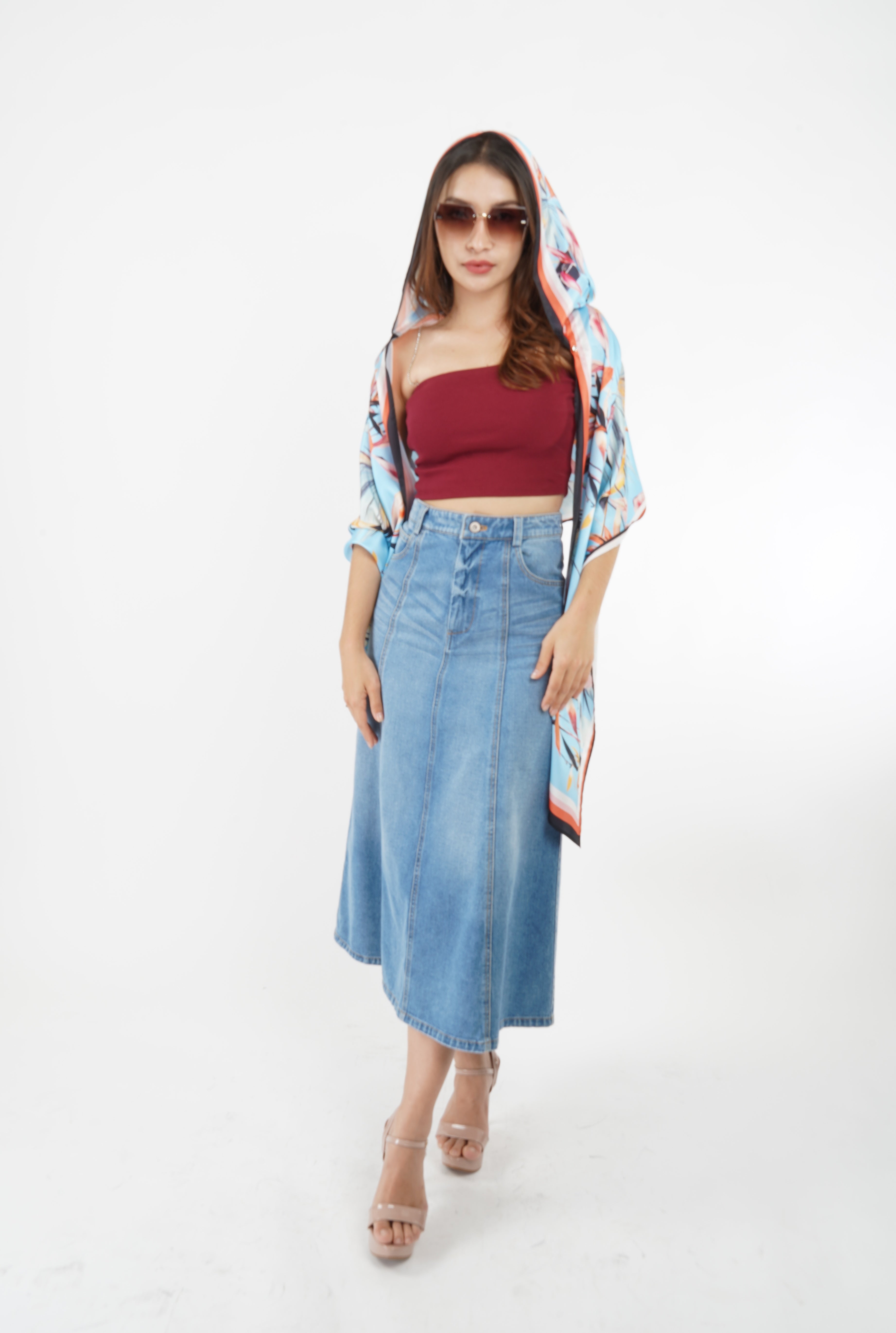 5760K A-Line Bleached Denim Midi Skirt