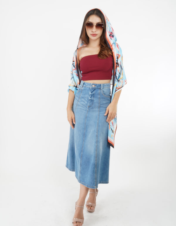 5760K A-Line Bleached Denim Midi Skirt