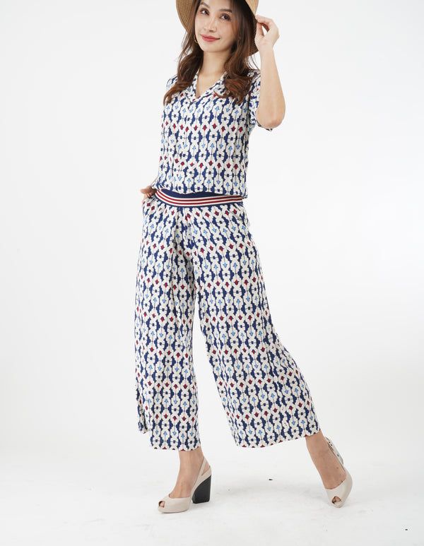 5880P - Front Pleated Indigo Printed Culottes Pant