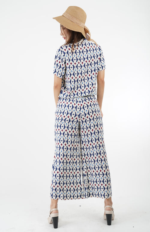 5880P - Front Pleated Indigo Printed Culottes Pant