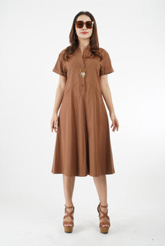 5757D - Women's Double cuff Short Sleeves A Line Midi Dress